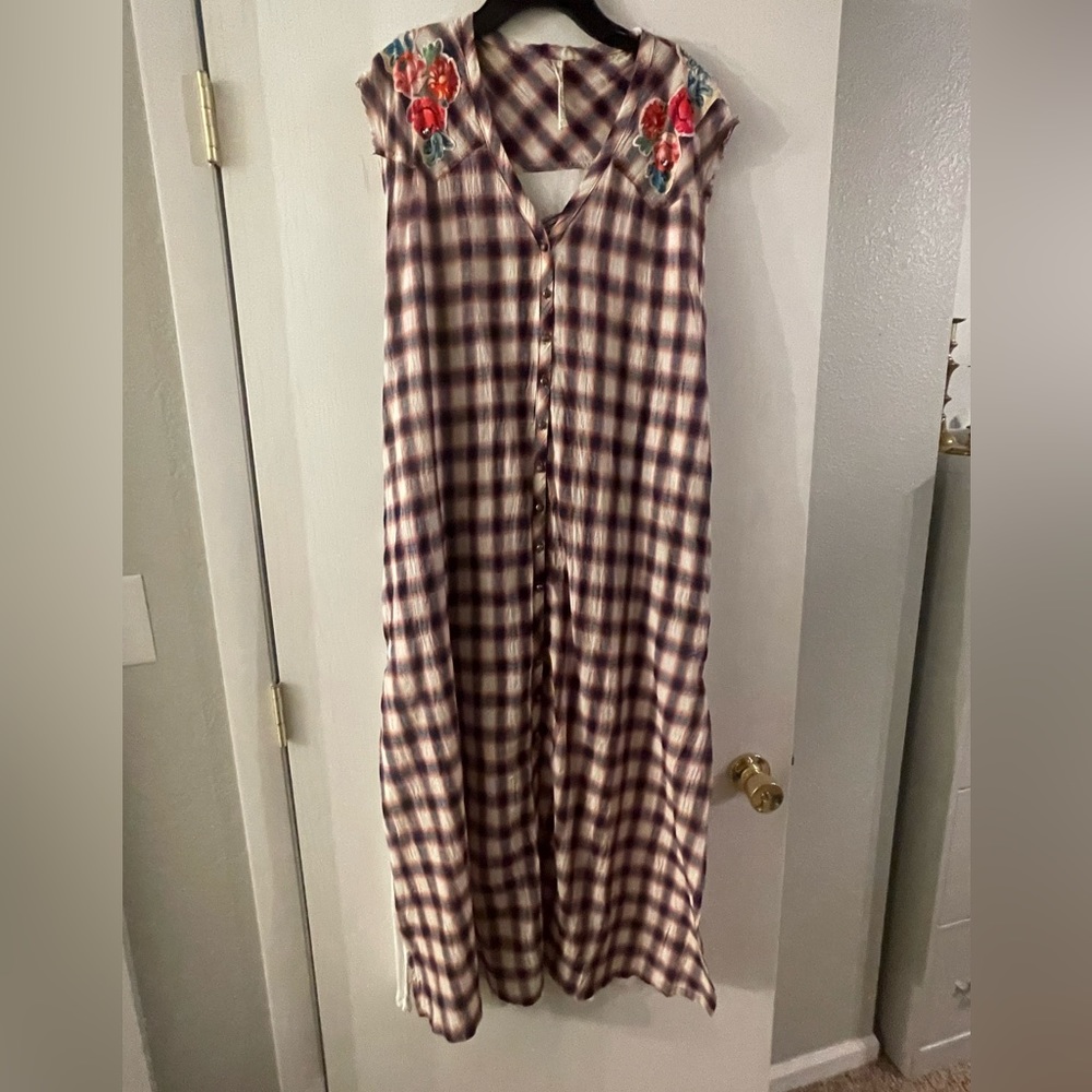 Aratta Plaid Maxi Dress with Floral Embroidery - Burgundy, Cream, Teal, Red